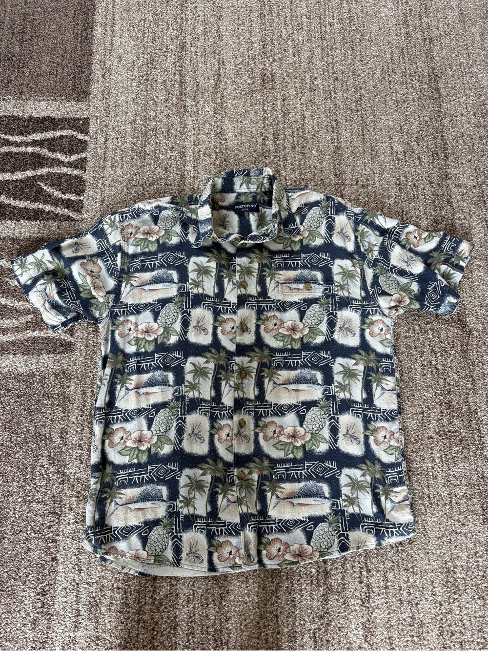 Portifino 100% Silk Hawaiian Shirt Pineapples Swordfish Floral Tribal Pattern M